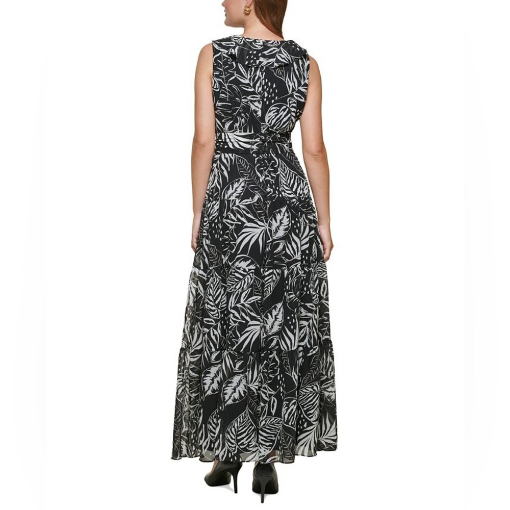 Karl Lagerfeld Sleeveless Maxi Tropical Print Dress Size 4 Black White Leaf Wrap